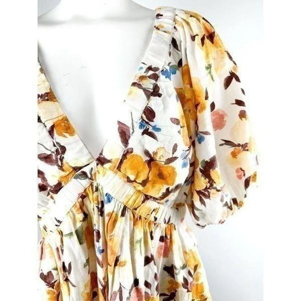 Abercrombie Fitch Sz L Top Floral Linen Blend Cottagecore Puff Sleeve Babydoll